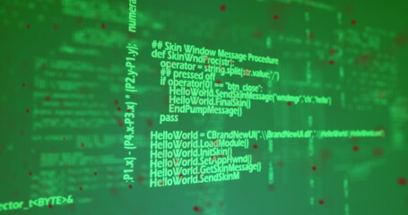 Wall Mural - image of data processsing over spinning dna structure against green background