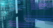Image of multicolored computer language over illuminated data server systems