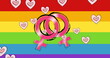 Image of heart icons and female symbols over rainbow background