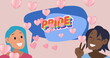 Image of pride text over heart and women icons