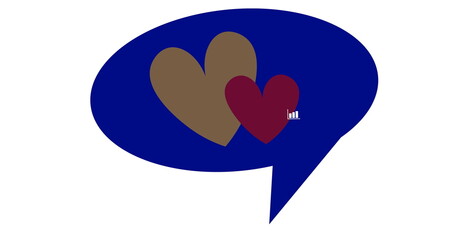 Sticker - Blue speech bubble: large brown heart, small red heart with a pulse line