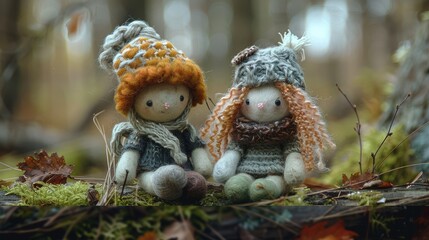 Wall Mural - Composition of two dolls sitting in the forest Toys made from fur using bleaching and knitting technology. fairy tale characters