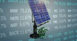 Image of stock market data processing over solar panel and plant sampling on blue background