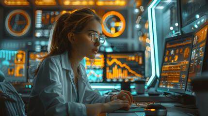 Aufkleber - A professional woman working intently at her desk with a vintage computer displaying graphs, surrounded by complex retro-futuristic machinery with orange accents. Generative AI.