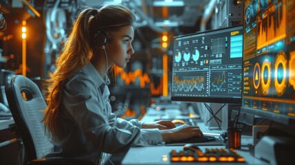 Wall Mural - A professional woman working intently at her desk with a vintage computer displaying graphs, surrounded by complex retro-futuristic machinery with orange accents. Generative AI.
