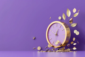 Wall Mural - 3d clock with coins, invest money to grow in time concept Business investment, income and financial savings 3d, fast money, fast credit 