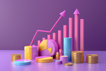 Wall Mural - 3d graph, arrow, gold coins and pie chart business and financial management, data analytics illustration isolated on purple background 3d rendering