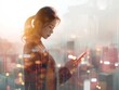 Silhouette of a woman using smartphone with cityscape backdrop, conveying connectivity in the digital age.