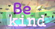 Image of be kind text in purple with black stars over silhouetted people and rainbow flag