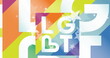 Image of lgbt text in white on colourful stripes with white stars