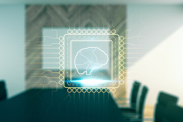 Wall Mural - Virtual creative artificial Intelligence hologram with human brain sketch on a modern coworking room background. Double exposure