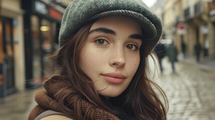 Poster - A woman in a hat and scarf walking on a city street. Ideal for fashion or urban lifestyle concepts