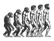 evolution of man from ape through various stages to modern human sketch engraving generative ai fictional character raster illustration. Scratch board imitation. Black and white image.
