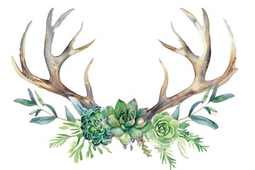 watercolor painting of a deer antler adorned with succulents, perfect for nature-themed designs