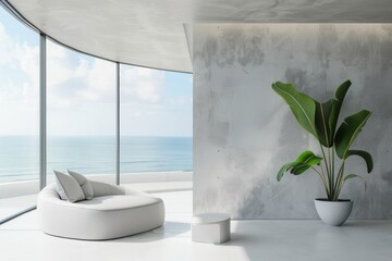 Wall Mural - A spacious living room with a breathtaking ocean view. Ideal for real estate or interior design concepts