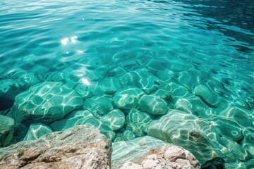 Poster - Image of a body of water with rocks, ideal for nature and travel concepts