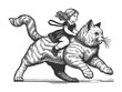young girl riding a large, determined-looking cat capturing a whimsical adventure sketch engraving generative ai fictional character raster illustration. Scratch board imitation. Black and white image