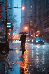 Wall Mural - A person riding a bike in the rain with an umbrella. Suitable for weather or transportation concepts