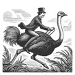 gentleman in a top hat riding an ostrich, a nod to vintage absurdity and humor sketch engraving generative ai fictional character raster illustration. Scratch board imitation. Black and white image.