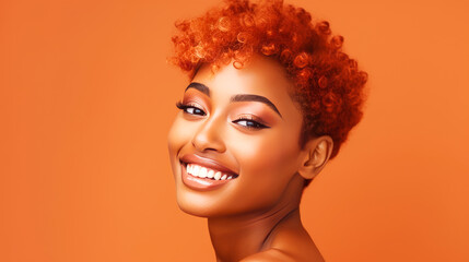 Wall Mural - Beautiful, sexy, happy smiling dark-skinned African American woman with perfect skin and red hair, on an orange background, banner.