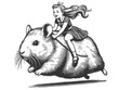 little girl joyfully riding on the back of a giant hamster sketch engraving generative ai fictional character raster illustration. Scratch board imitation. Black and white image.