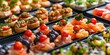 Buffet assortment of canapes. Delicious appetizers, catering food.