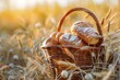 Basket with bread and rolls on the field of mature yellow wheat.