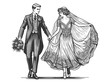 Bride and Groom 1950s sharing loving gaze, perfect for wedding themes and historical fashion sketch engraving generative ai fictional character raster illustration. Black and white image.