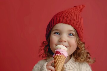 Wall Mural - Young girl happily eating an ice cream cone, perfect for summer-themed designs