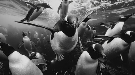 Canvas Print - Group of penguins swimming in the ocean. Suitable for nature and wildlife themes