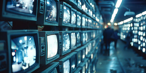 Fototapete - A hundreds of analog cctv monitors watching everything. Generative AI.