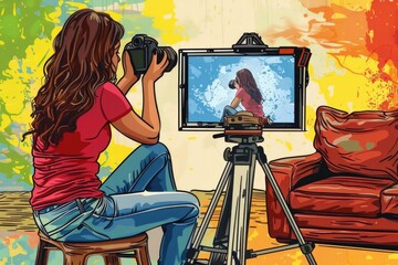 Wall Mural - woman taking a picture of herself with a television. great for social media or technology concepts