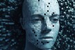 man's face with 3D cubes and particles in space as symbol of augmented reality and computer technologies of future, close-up portrait, concept of cybernetics, biomechanics and robotics