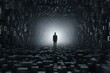 a man stands in the distance in space, surrounded by a lot of dark and black blocks and cubes on the floor and walls, in the style of 3D rendering