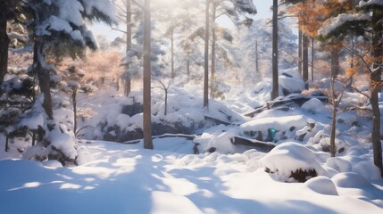 Wall Mural - beautiful winter landscape, tree branches in snow covered forest, bright sunlight and beautiful nature