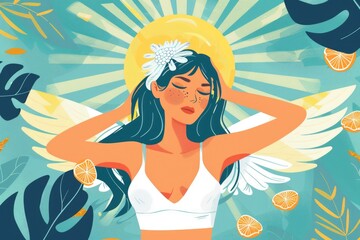 Woman in bikini with wings and flower in hair, perfect for summer designs