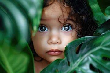 Young girl with striking blue eyes peeking out from behind a leaf. Suitable for nature and childhood themes