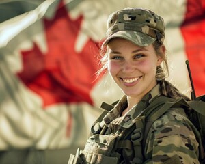 a young smiling female soldier in camouflage uniform on the background of the canada flag. canada da