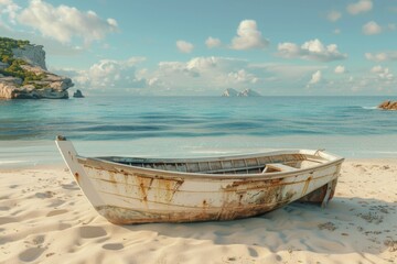 A boat sitting on top of a sandy beach, perfect for travel brochures