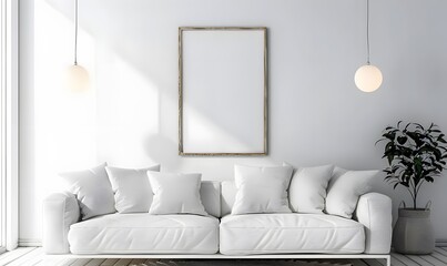 Wall Mural - A white sofa with pillows, a poster on a wall and pendant lights in a bright modern interior,