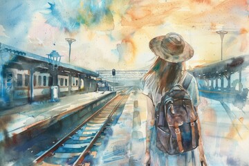 Poster - A woman with a backpack waiting at a train station. Suitable for travel and transportation concepts