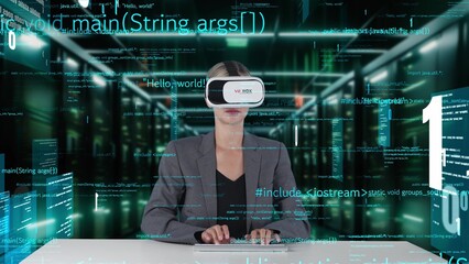 IT developer typing computer code for analyzing intelligent website development coder system data selection by VR innovation interface digital network technology visual hologram server. Contraption.