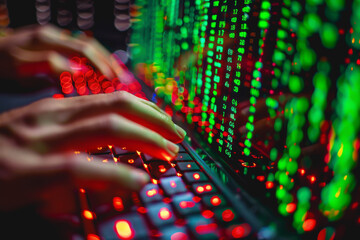 Programmer is hands on keyboard writing source code, on screen monitor showing writing code