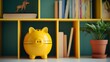 Yellow piggy bank with coin slot placed in front of bookshelves filled with books, school table for studying at home