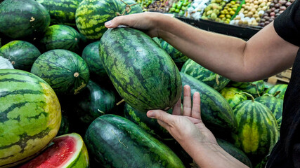 Person selecting fresh watermelons at a local farmers market, depicting healthy eating and summer harvest, ideal for National Watermelon Day promotions