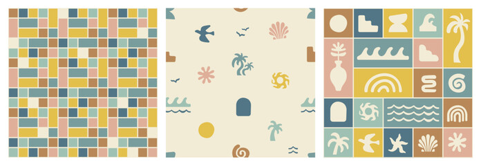 boho groovy palm tree beach sun sea seamless patterns. surf club vacation and sunny summer day aesth