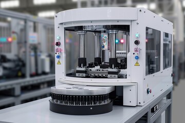 Fototapete - PCB automatic assembly machine, automatic robot for print circuit board assembly machine during soldering or welding part. Generative AI.