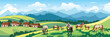 Panoramic view of spring landscape, countryside and village, horses grazing in a green meadow, vector illustration