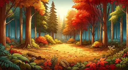 Poster - An AI-generated image of a colorful autumn forest clearing in a panoramic cartoon style.