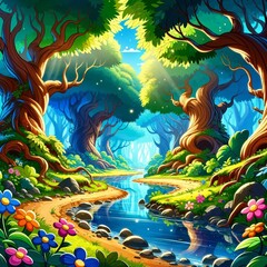 Wall Mural - vibrant cartoon forest with ancient trees and a sparkling stream - ai generated digital art